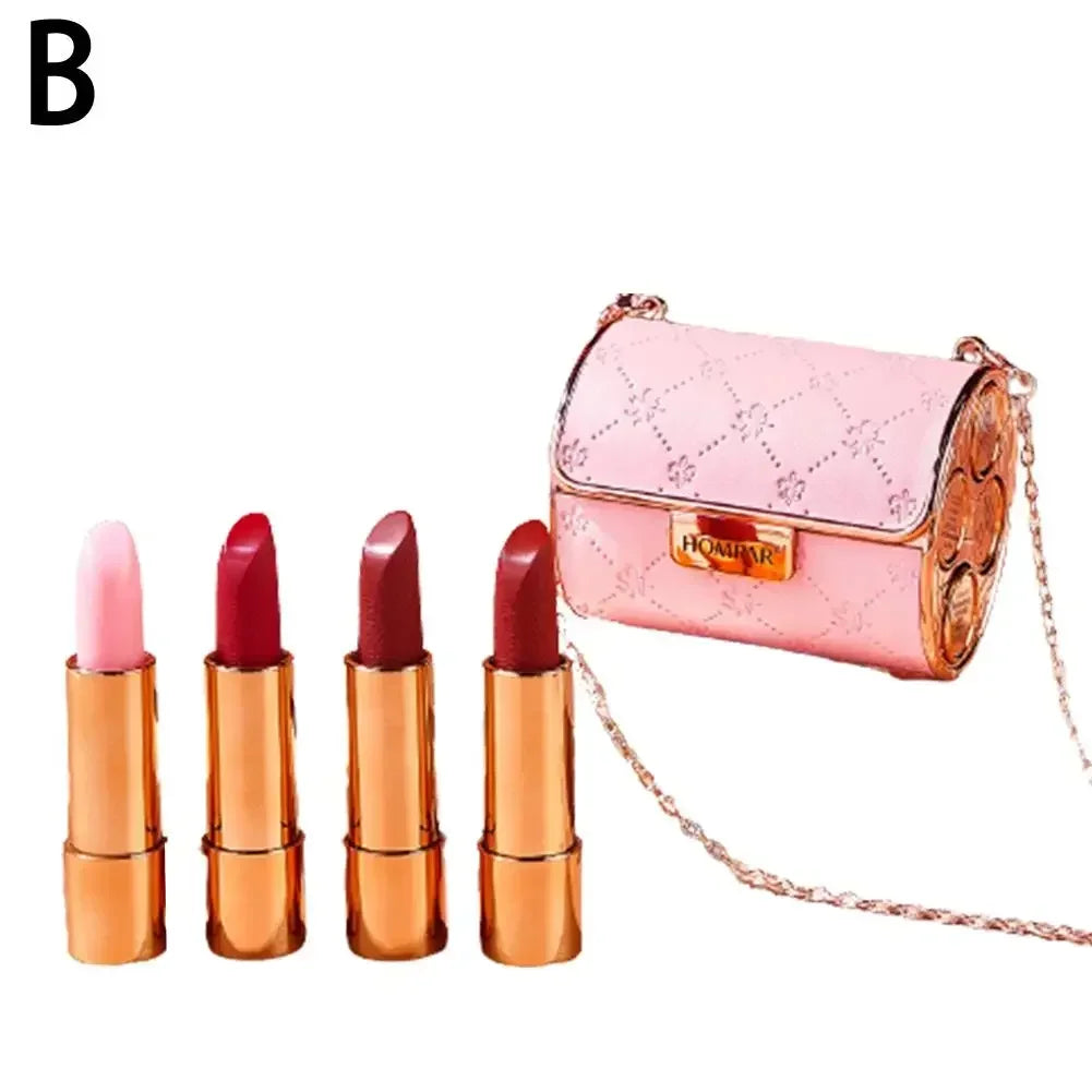 Découvrir la Tendance Ensemble de 4 pièces HOMPAR - Rouge à lèvres velours mat et scintillant - Maquillage longue durée - Kit créatif avec sac à chaîne de mode et rouge à lèvres gravé.