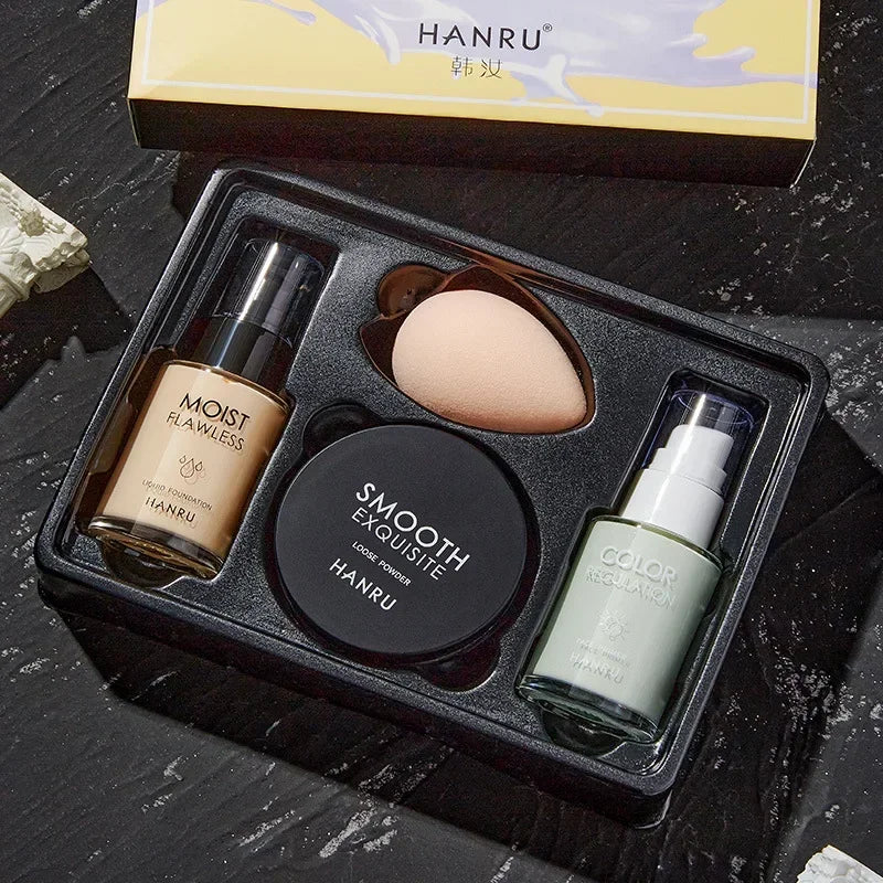 Ensemble de maquillage 4 pièces HANRU - Primer, hydratant, contrôle de l'huile, poudre fixatrice 3 en 1 - Cosmétiques en gros pour Cadeaux