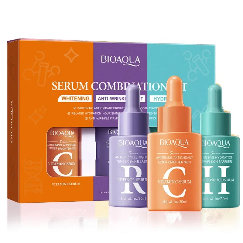 Ensemble de 3 pièces BIOAQUA - Sérum pour le visage à la vitamine C, au rétinol et à l'acide hyaluronique - Hydratant, anti-rides, éclaircissant - Produits de soin de la peau