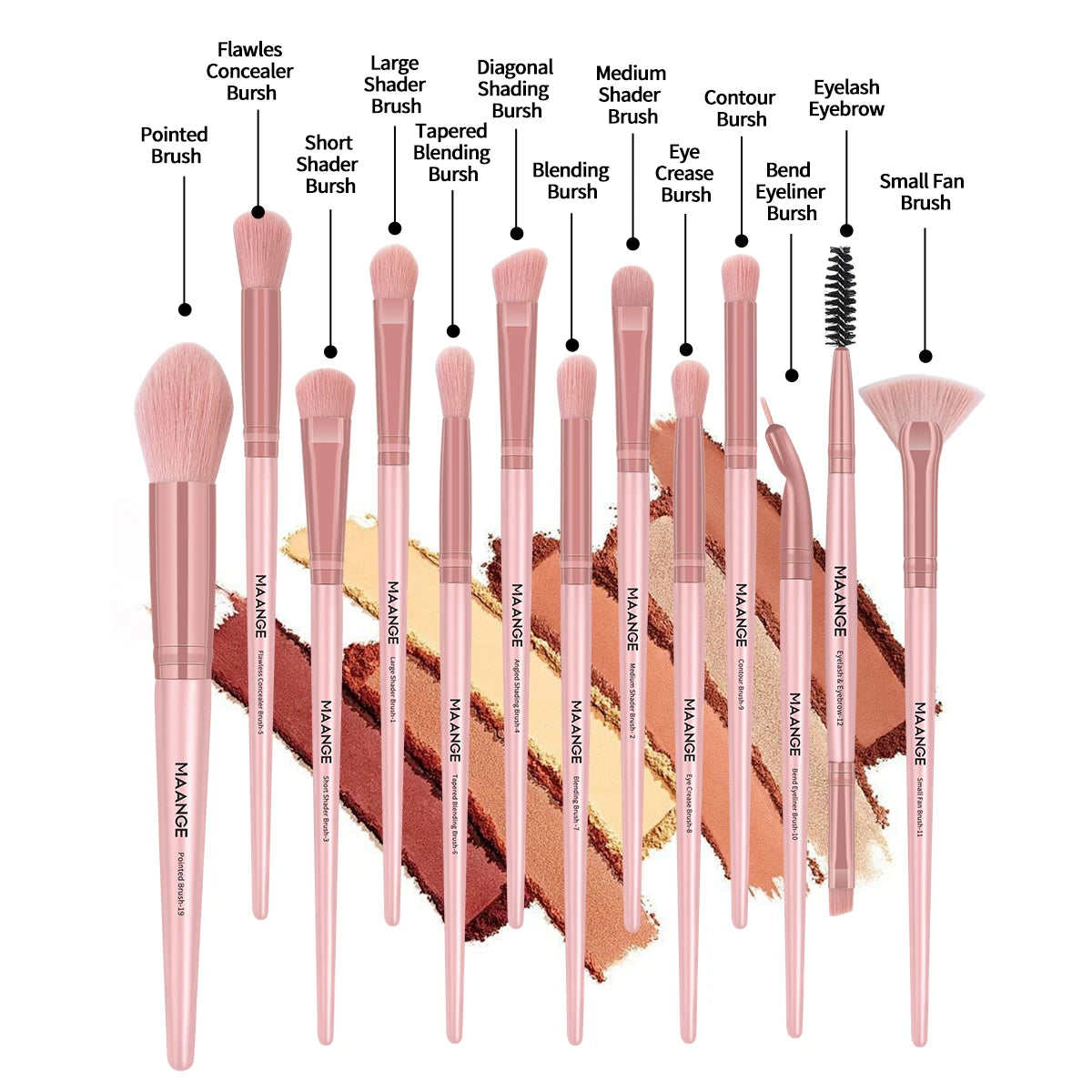 Trousse d'outils MAANGE 31 pièces – Comprend 13 pinceaux de maquillage, 8 houppettes, 4 blenders en forme de goutte, un mini pouf pour le pouce et un recourbe-cils.