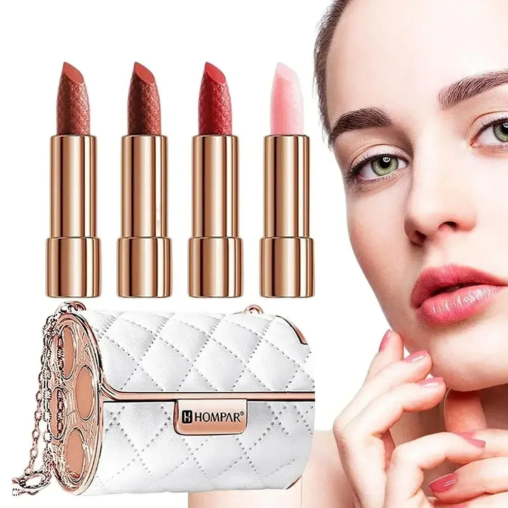 Découvrir la Tendance Ensemble de 4 pièces HOMPAR - Rouge à lèvres velours mat et scintillant - Maquillage longue durée - Kit créatif avec sac à chaîne de mode et rouge à lèvres gravé.