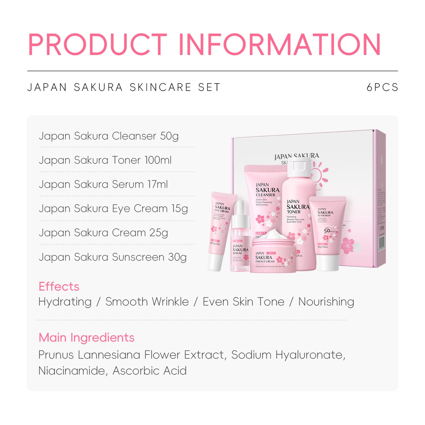 Le Nouveau Sakura Ensemble de soins de la peau aux fleurs de cerisier - 6 pièces