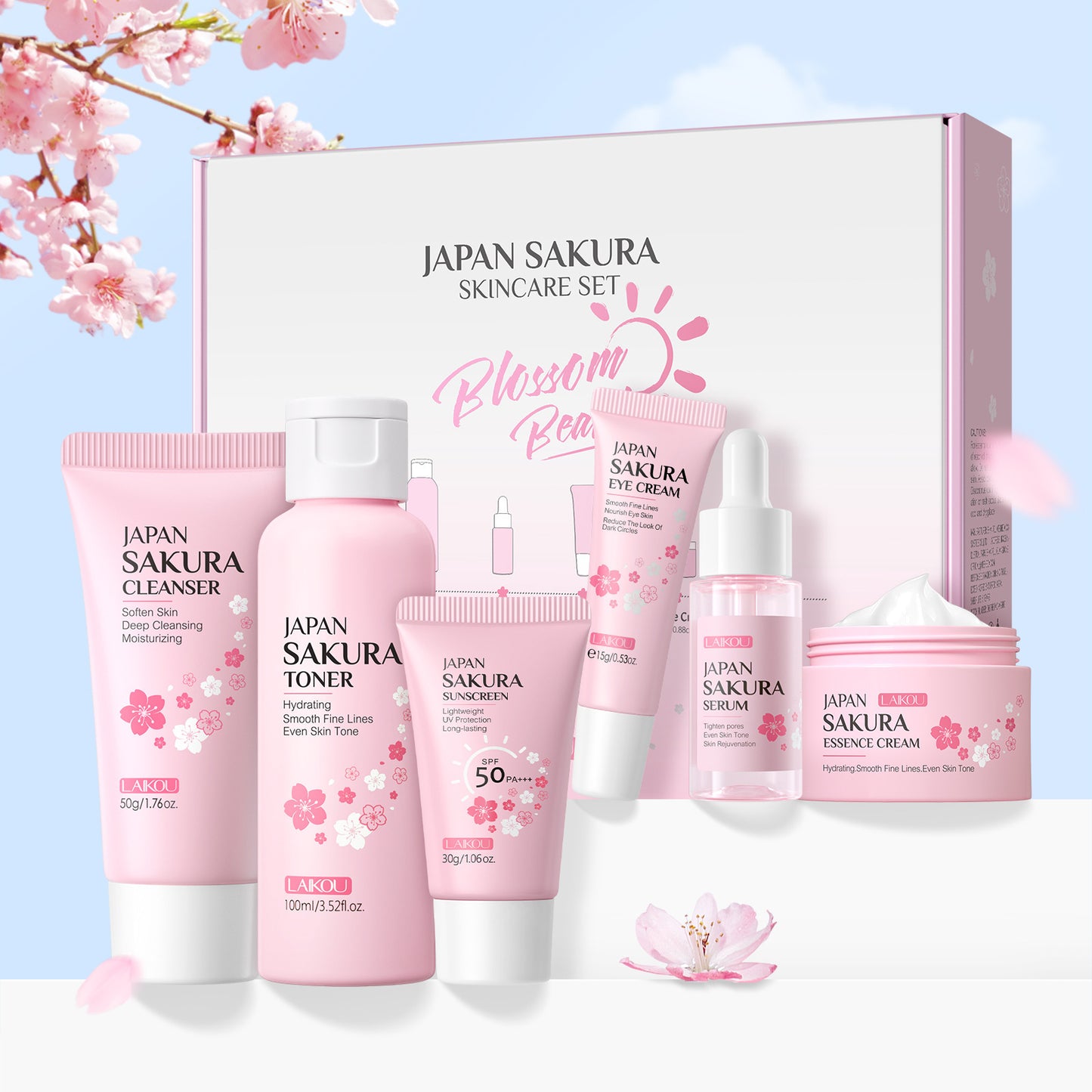 Le Nouveau Sakura Ensemble de soins de la peau aux fleurs de cerisier - 6 pièces